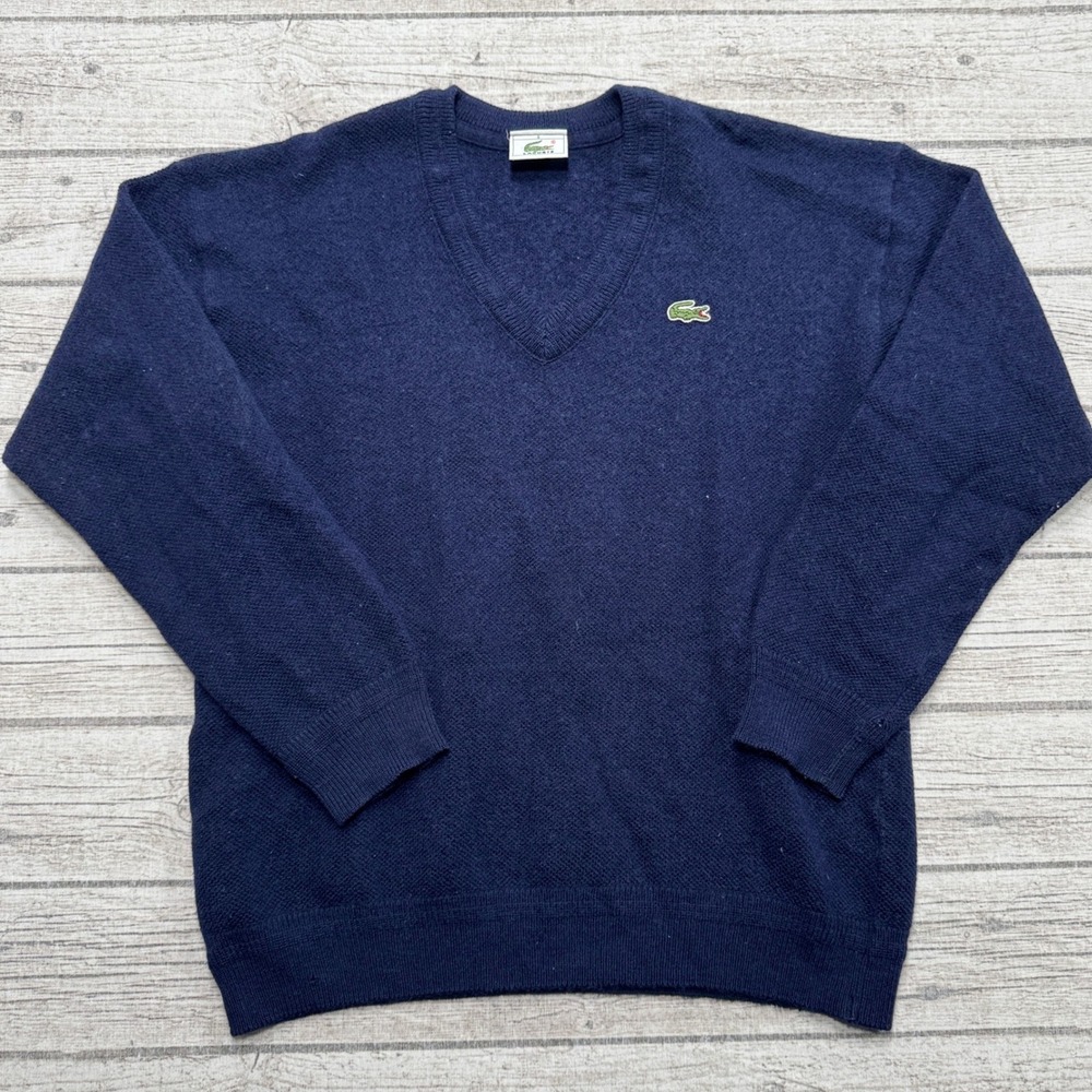 Vintage Lacoste Sweater Men's 6 Navy Blue Long Sleeve Knit V-Neck Pullover 90s